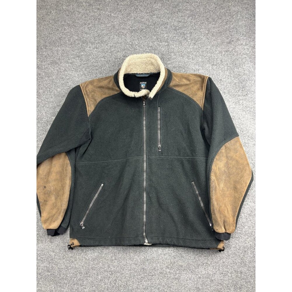 Kuhl Alpenwurx Jacket Mens Large Black Tan Fleece Sherpa Collar Suede Trim Warm
